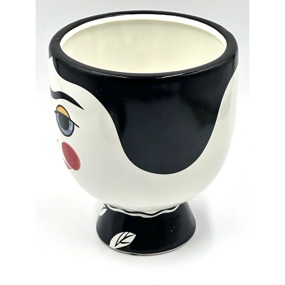Hand Painted Face Planter Modern Art Ceramic Vase Black White Red Lips Decor